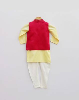 Hot Pink Embroidery Jacket with Yellow Kurta and Pant 2