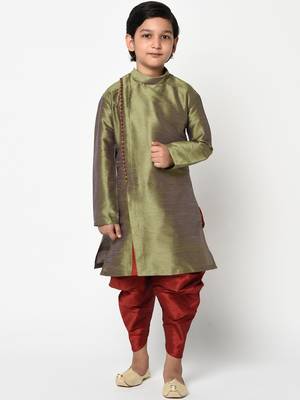 Boys Olive Green & Red Solid Kurta with Dhoti Pants & Dupatta 1