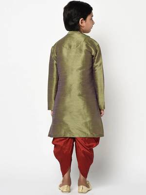 Boys Olive Green & Red Solid Kurta with Dhoti Pants & Dupatta 4