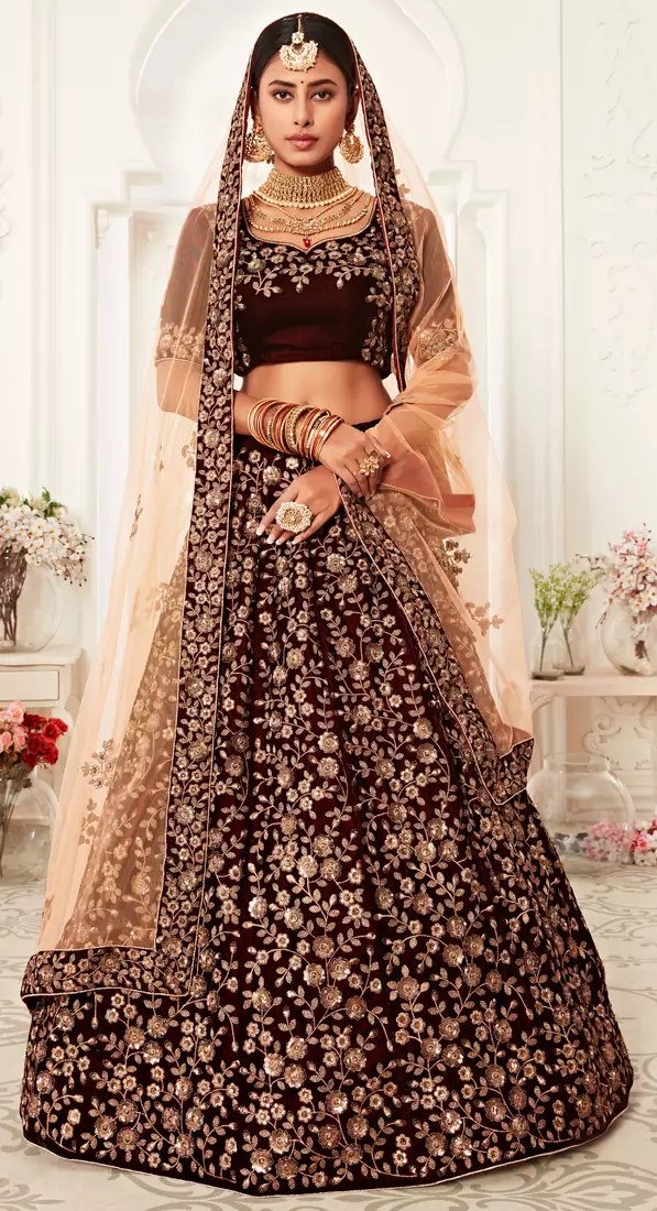 Mesmerizing Maroon Thread, Dori, and Sequins embroidered velvet fabric Lehenga choli for bride