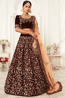 Maroon Thread Dori And Sequins Embroidered Velvet Lehenga Choli For Bride