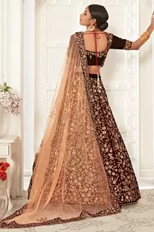 Maroon Thread Dori And Sequins Embroidered Velvet Lehenga Choli For Bride