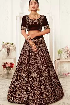 Maroon Thread Dori And Sequins Embroidered Velvet Lehenga Choli For Bride