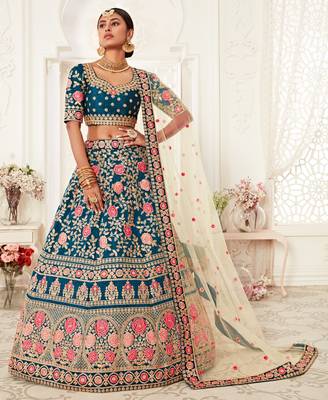 Blue embroidered silk semi stitched lehenga 1