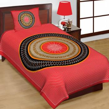 Cotton Single Bedsheet Round Bandhej Yellow Circle with 1 Pillow Cover (Size - 60" X 90", Color - Red) 2
