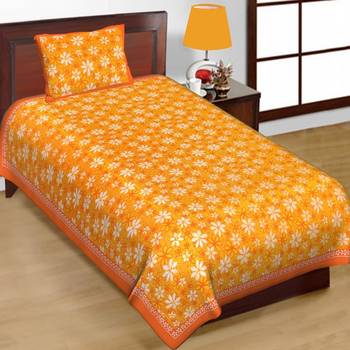 Cotton Single Bedsheet Calendual Flowers Print with 1 Pillow Cover (Size - 60" X 90", Color - Orange) 2