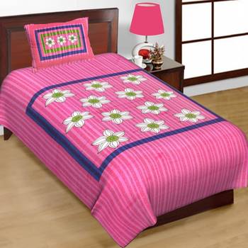 Cotton Single Bedsheet Flowers Print with 1 Pillow Cover (Size - 60" X 90", Color - Pink) 2