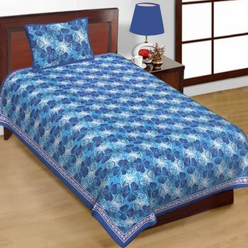 Cotton Single Bedsheet Blue Leaves Print with 1 Pillow Cover (Size - 60" X 90", Color - Blue) 2