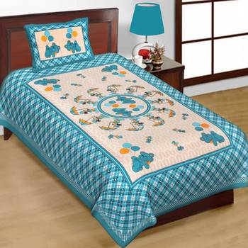 Cotton Single Bedsheet Pocoman with Umbrella with 1 Pillow Cover (Size - 60" X 90", Color - Light Blue) 2
