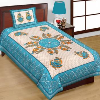 Cotton Single Bedsheet Gujari Dandiya Dance with 1 Pillow Cover (Size - 60" X 90", Color - Light Blue) 2