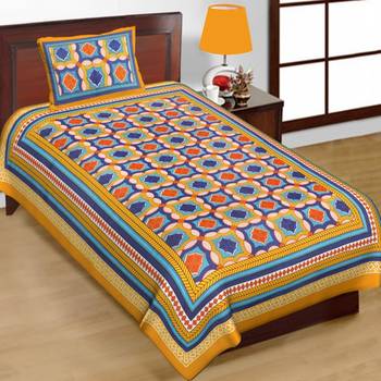Cotton Single Bedsheet Rangoli Checks with 1 Pillow Cover (Size - 60" X 90", Color - Yellow) 2