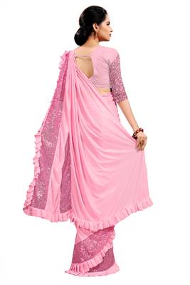 Pink plain lycra saree with blouse 3