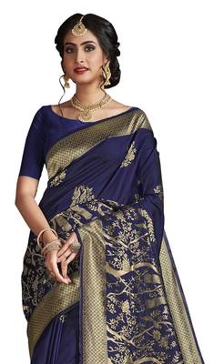 Navy blue woven pure silk saree with blouse 4