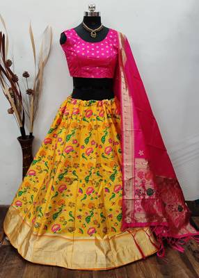 Yellow Banarasi Brocade Silk Semi Stitched Lehenga Choli 1