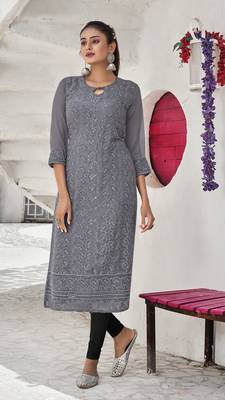 Grey Georgette Printed Stitched   Kurti 1