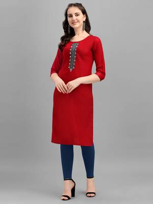 red cotton Embroidered Stitched   Kurti 1