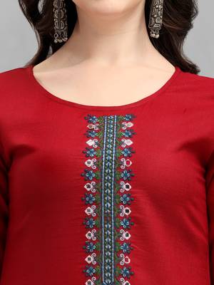 red cotton Embroidered Stitched   Kurti 4