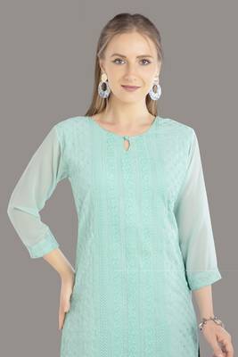 Blue Georgette Embroidered Stitched   Kurti 5