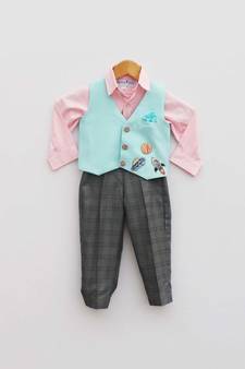 Blue Waist Coat with Pink Shirt and Check Pant