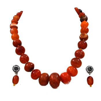Orange beaded jewellery Brass Copper   Necklace &  Pair of Earrings 1