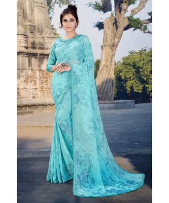 sky blue chiffon printed saree with blouse 1
