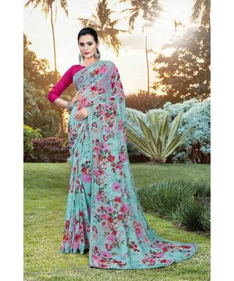 sky blue chiffon printed saree with blouse 1