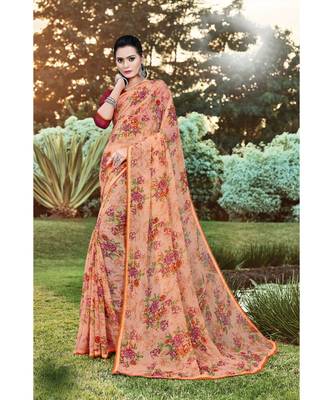 peach chiffon printed saree with blouse 1