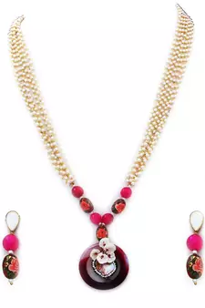 Pink beaded jewellery Brass Copper   Necklace &  Pair of Earrings