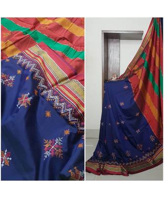 royal blue blended cotton embroidered   saree with blouse 2