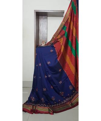 royal blue blended cotton embroidered   saree with blouse 1