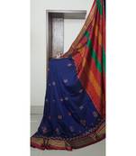 royal blue blended cotton embroidered   saree with blouse