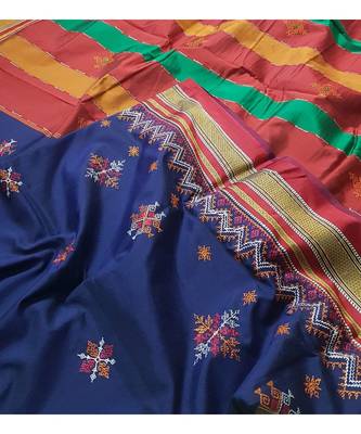 royal blue blended cotton embroidered   saree with blouse 3