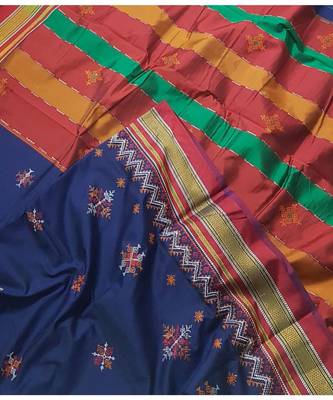 royal blue blended cotton embroidered   saree with blouse 4
