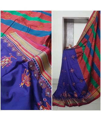 blue blended cotton embroidered   saree with blouse 2