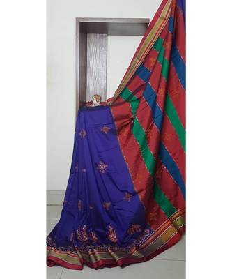 blue blended cotton embroidered   saree with blouse 1