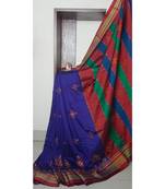 blue blended cotton embroidered   saree with blouse