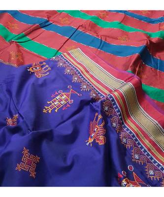blue blended cotton embroidered   saree with blouse 3