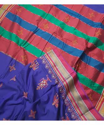blue blended cotton embroidered   saree with blouse 4