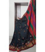black blended cotton embroidered   saree with blouse