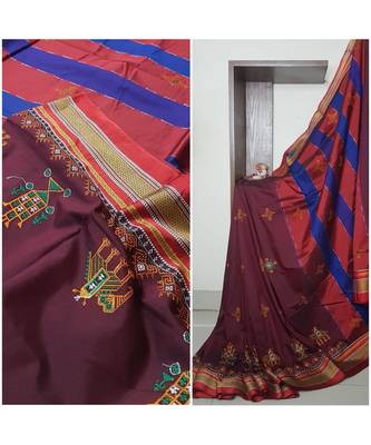 maroon blended cotton embroidered   saree with blouse 2
