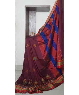 maroon blended cotton embroidered   saree with blouse 1