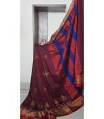 maroon blended cotton embroidered   saree with blouse