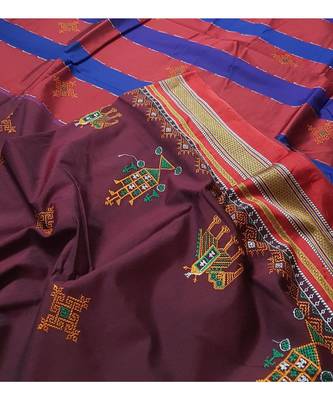 maroon blended cotton embroidered   saree with blouse 3