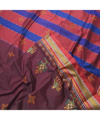 maroon blended cotton embroidered   saree with blouse 4