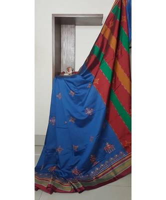blue blended cotton embroidered   saree with blouse 1