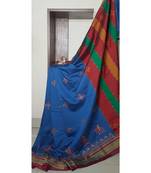 blue blended cotton embroidered   saree with blouse