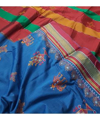 blue blended cotton embroidered   saree with blouse 2