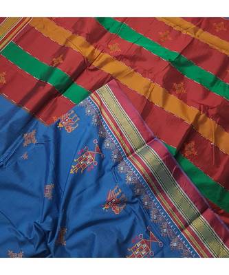 blue blended cotton embroidered   saree with blouse 3