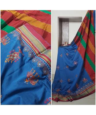blue blended cotton embroidered   saree with blouse 4