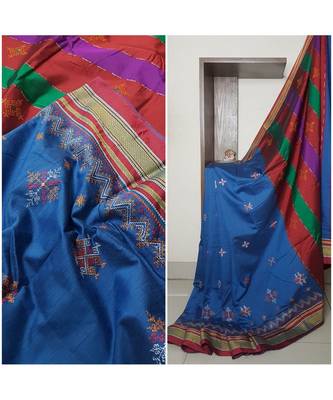 blue blended cotton embroidered   saree with blouse 2